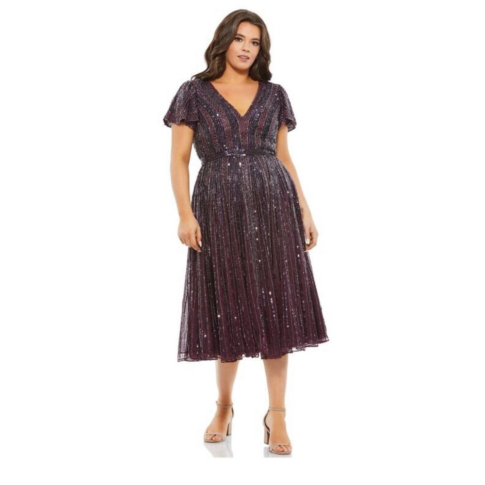 Mac Duggal $498 5522 Flutter Sleeve Embellished Dress Tea Length Sz 18W In Plum